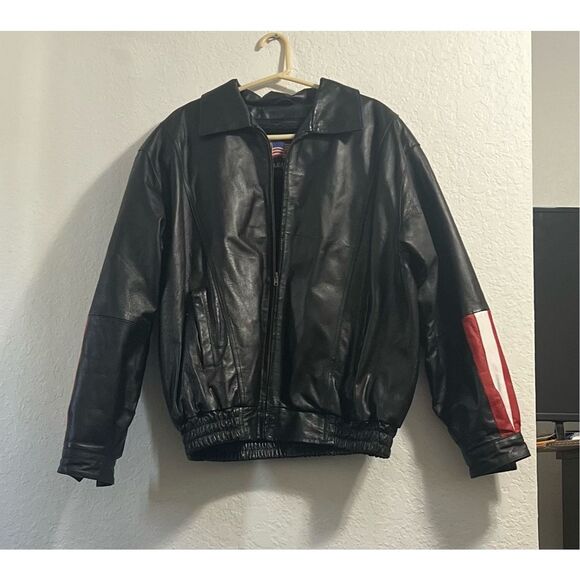 Leather USA SZ LG Jacket Motorcyle Black American Eagle Flag Red Biker America - Picture 2 of 6